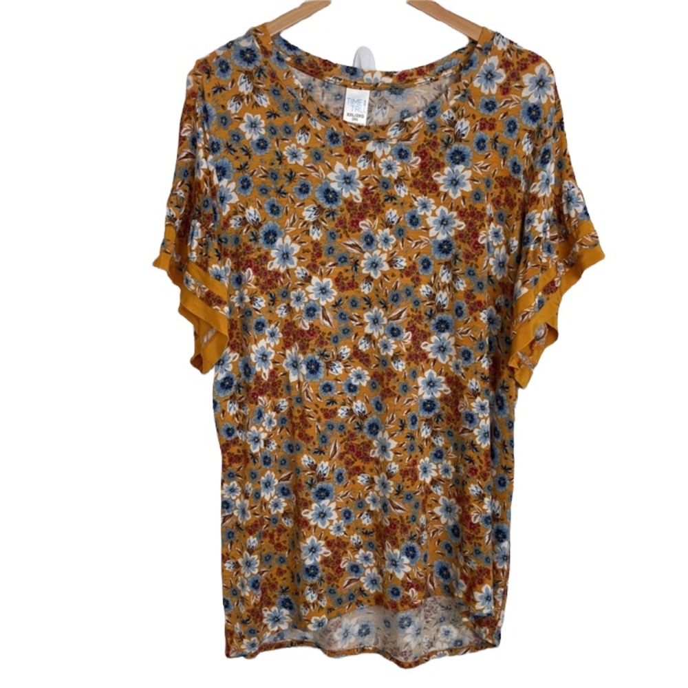 Time and Tru  Gold Blue Floral Flounce Sleeve Top